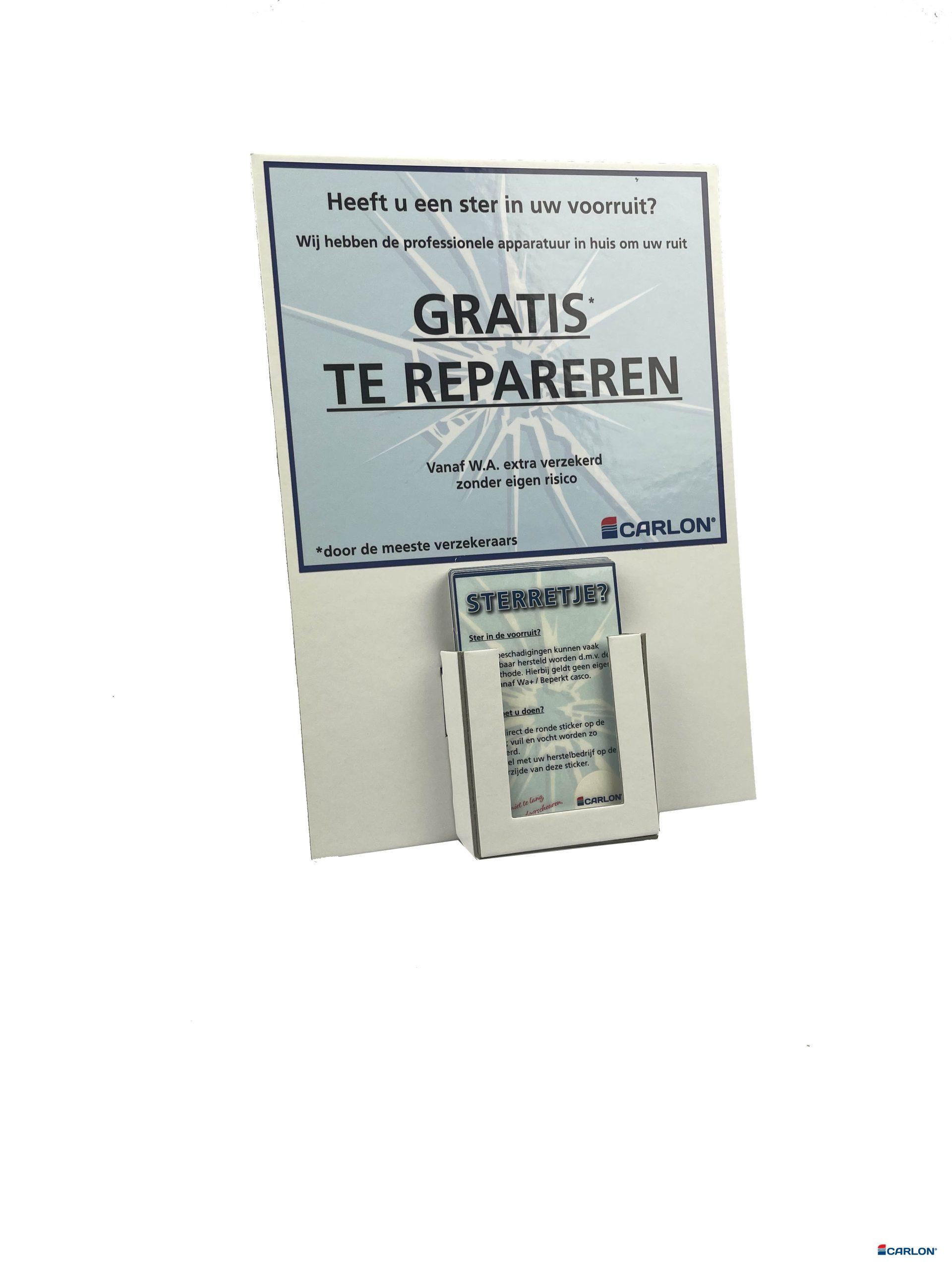 Toonbankdisplay gevuld met ruitreparatiestickers