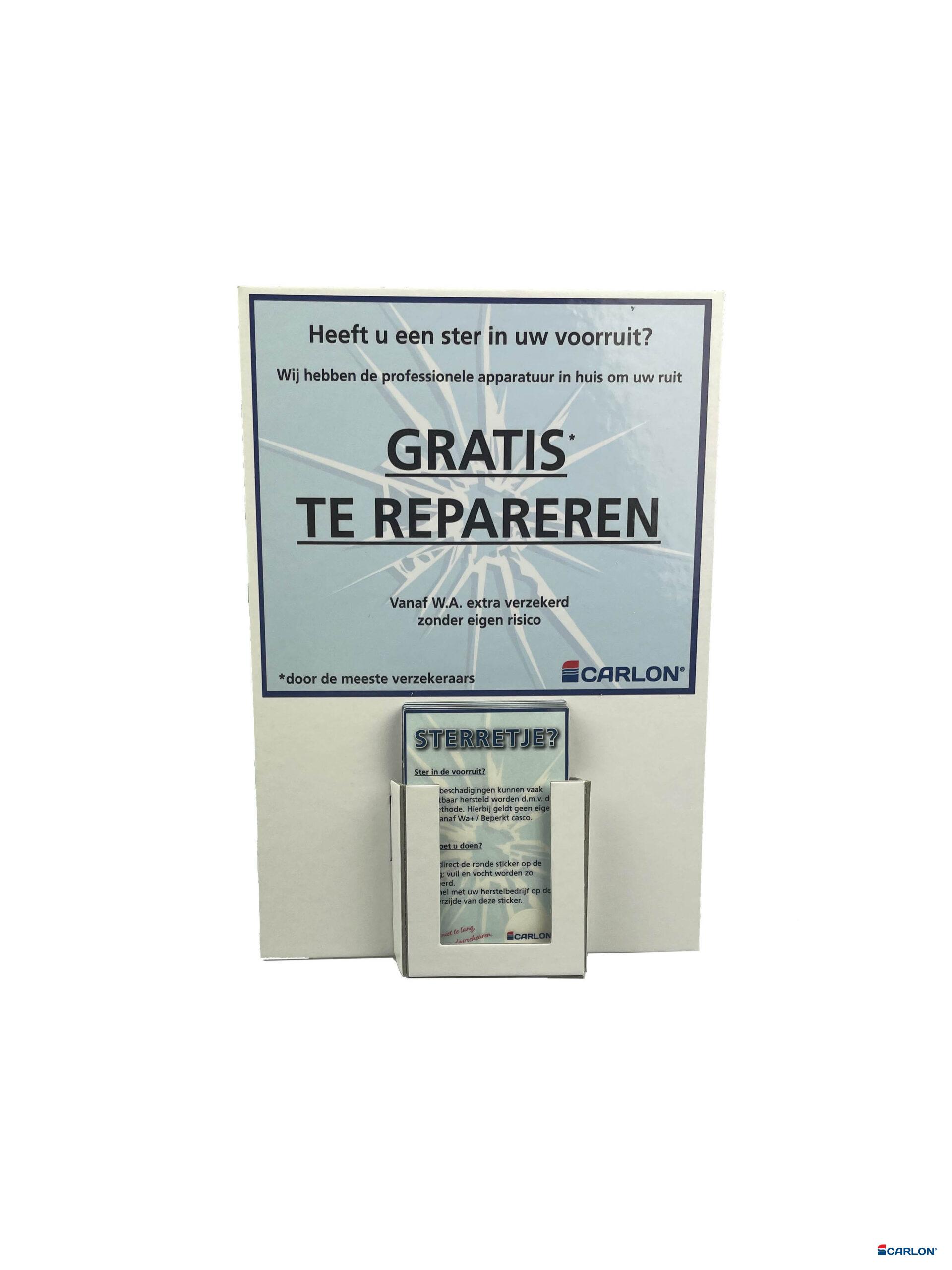 Toonbankdisplay gevuld met ruitreparatiestickers